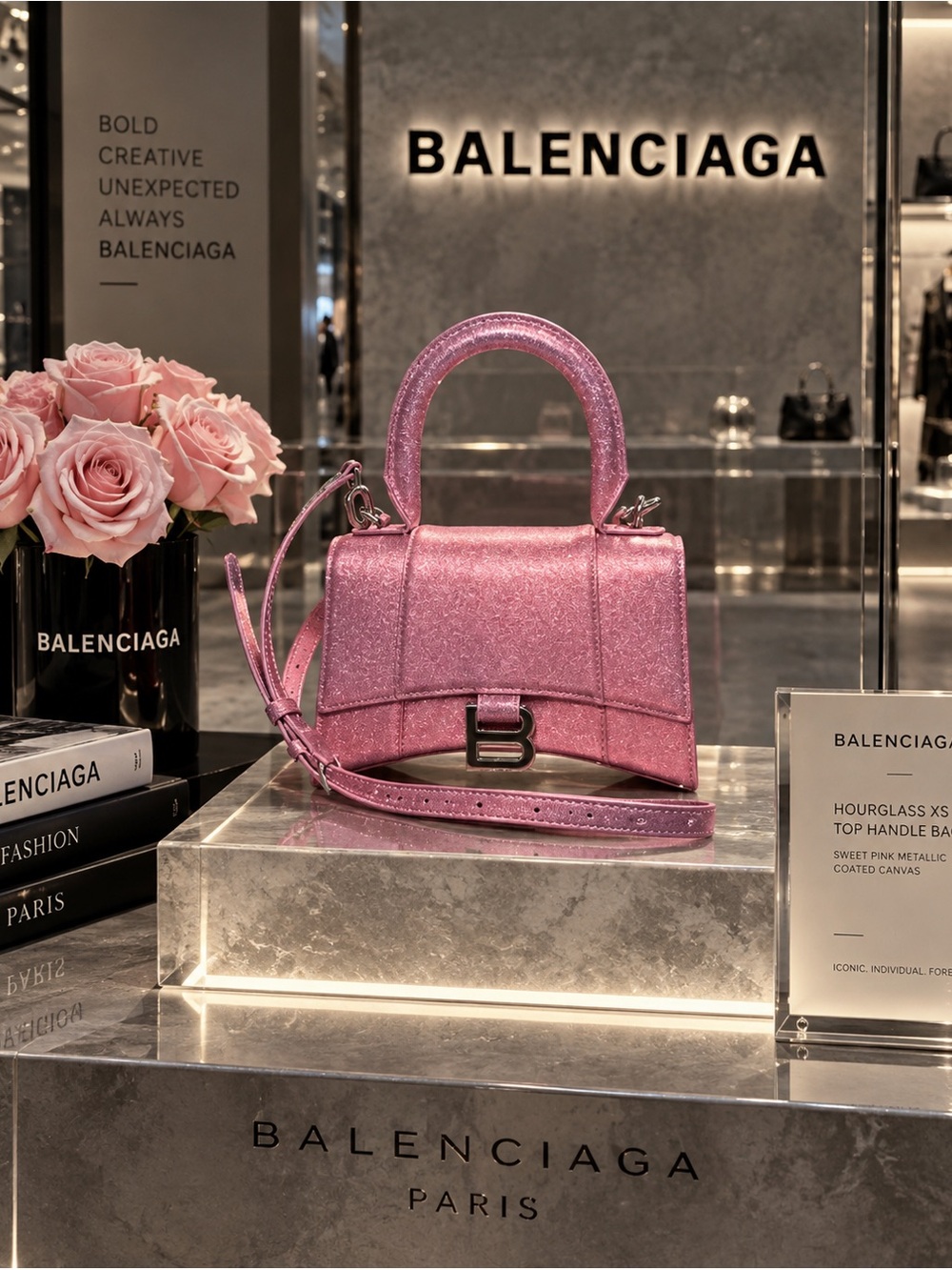 BALENCIAGA Sweet Pink Metallic Coated Canvas Hourglass XS Top Handle Bag RARE